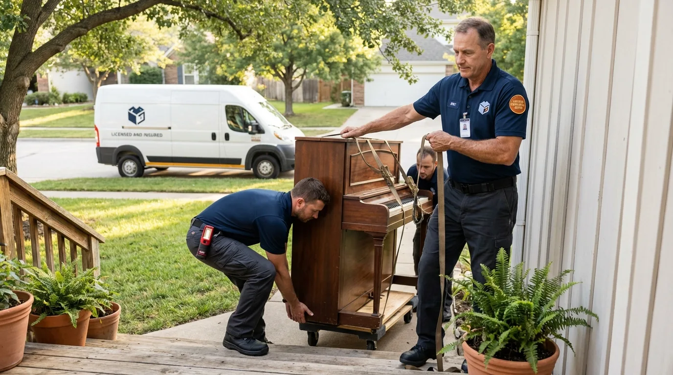 Licensed piano movers securing grand piano in Stony Brook, NY
