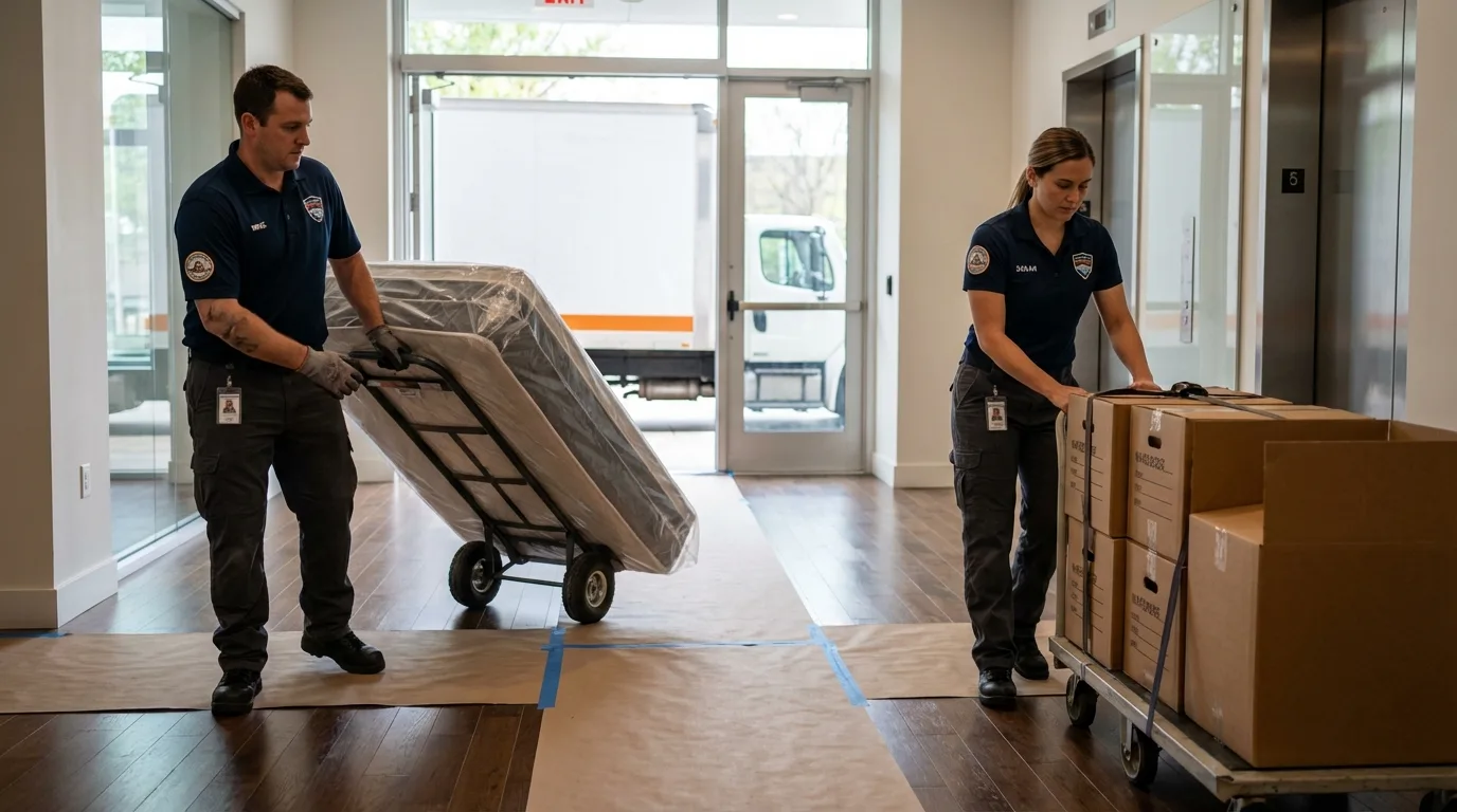 Professional apartment movers loading elevator in Stony Brook, NY