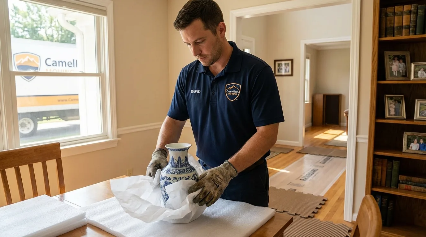 Professional crew carefully wrapping antique vase for senior downsizing move in Stony Brook, NY