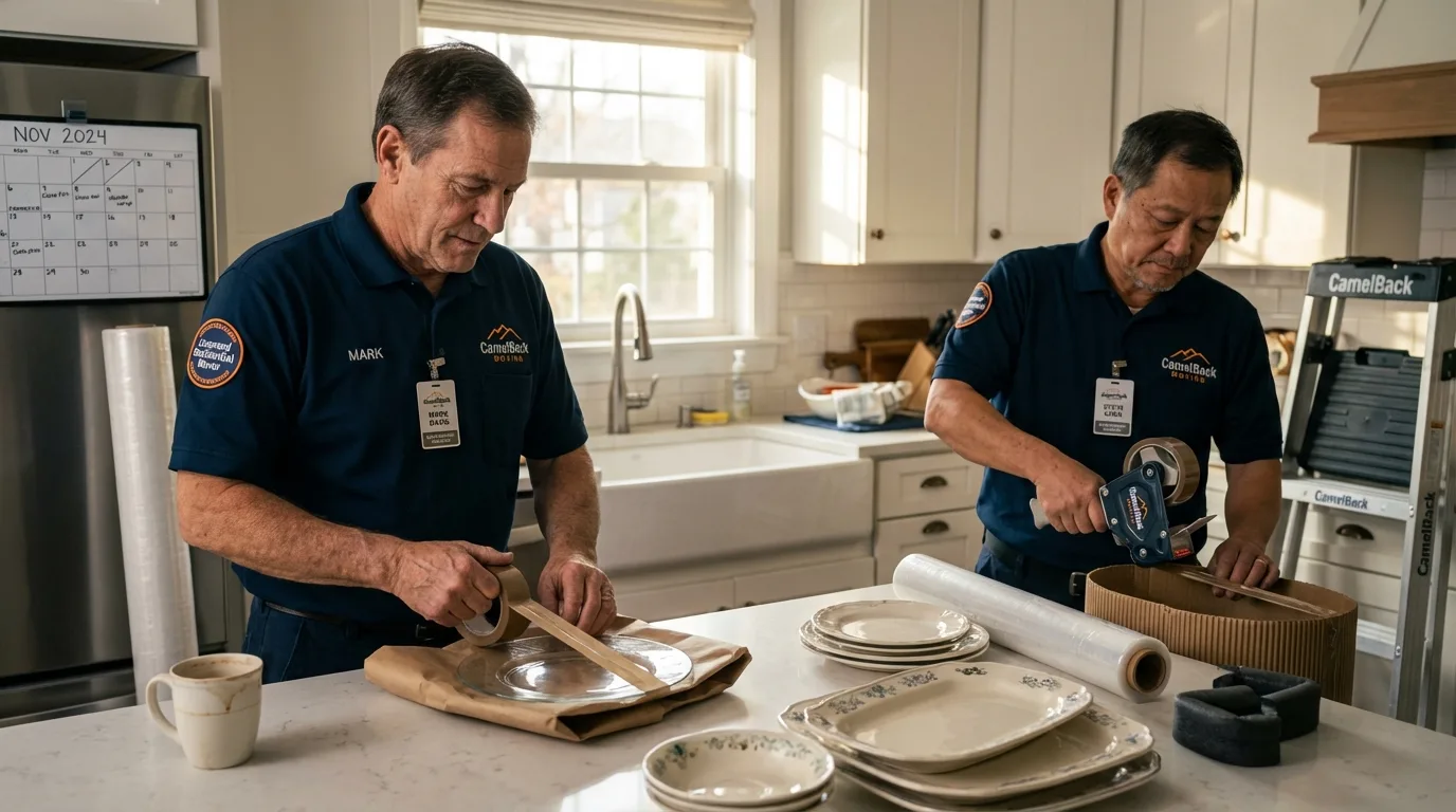 Professional crew packing kitchen dishware in Stony Brook, NY